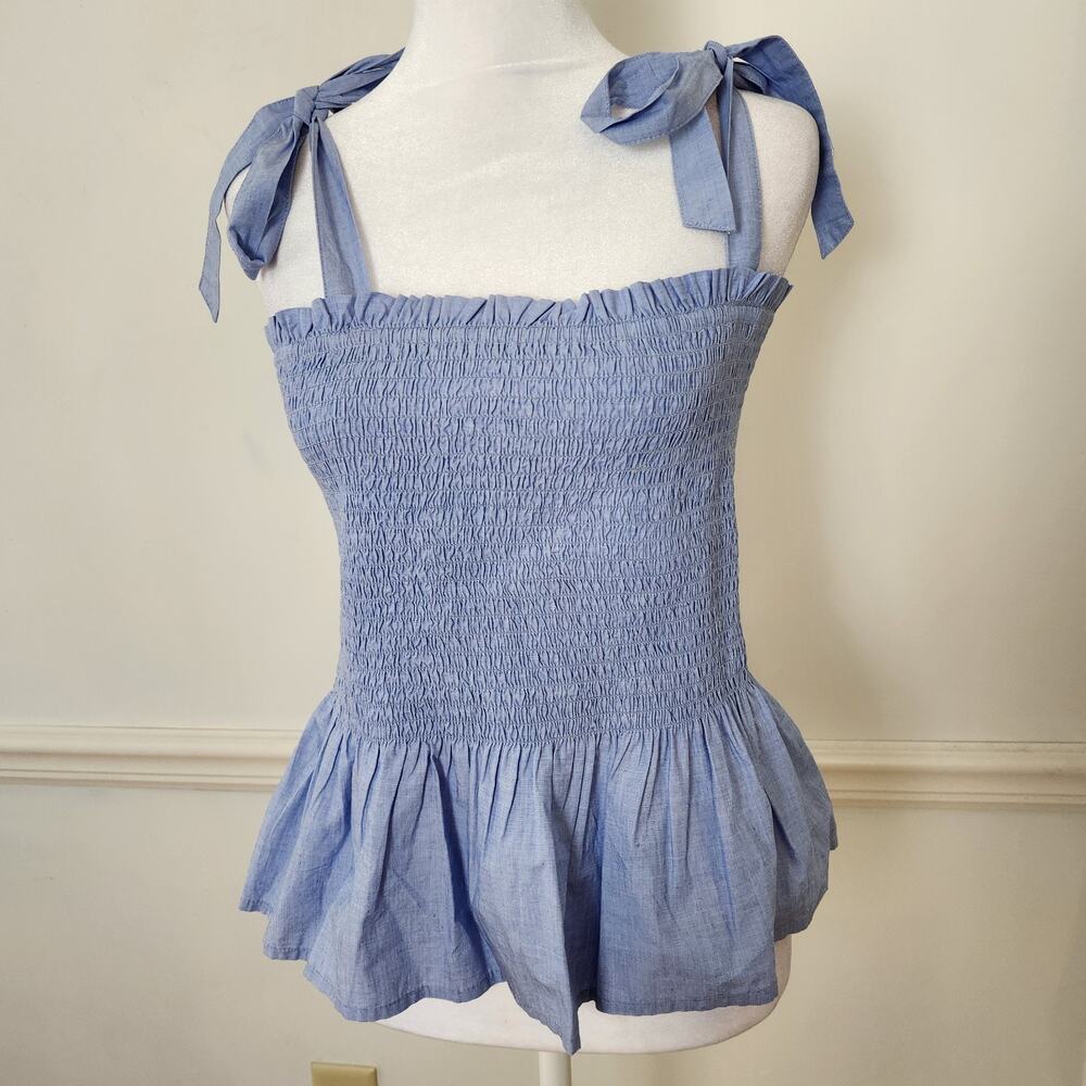 New J Crew Tank Top Sz Medium Womens Smocked Tie Shoulder Blue Shirt Square Neck